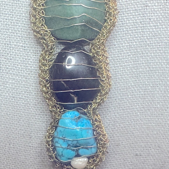 Vintage Handmade Wired Wrapped Turquoise, Jade, Pearl, Black Onyx Necklace - Picture 3 of 10